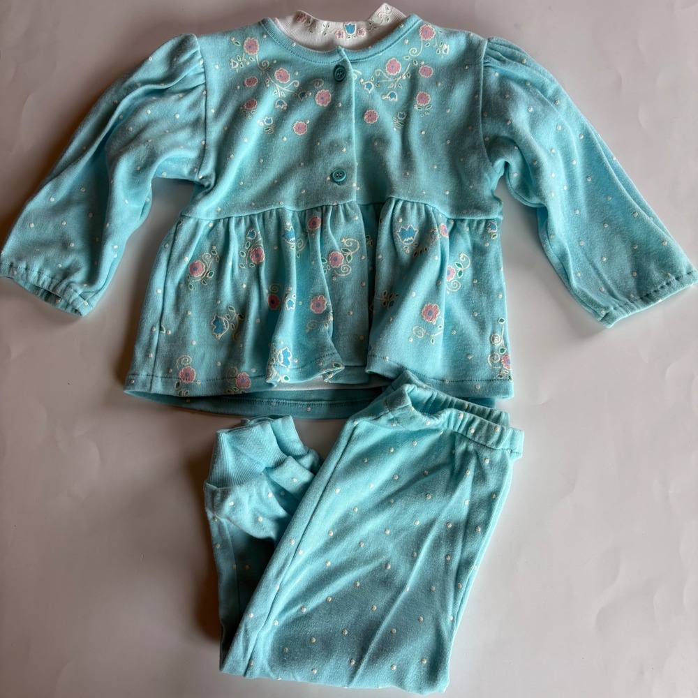 Vintage Petite Club Girls 24M Aqua Blue Floral Polka Dot 3 Piece Set Peplum